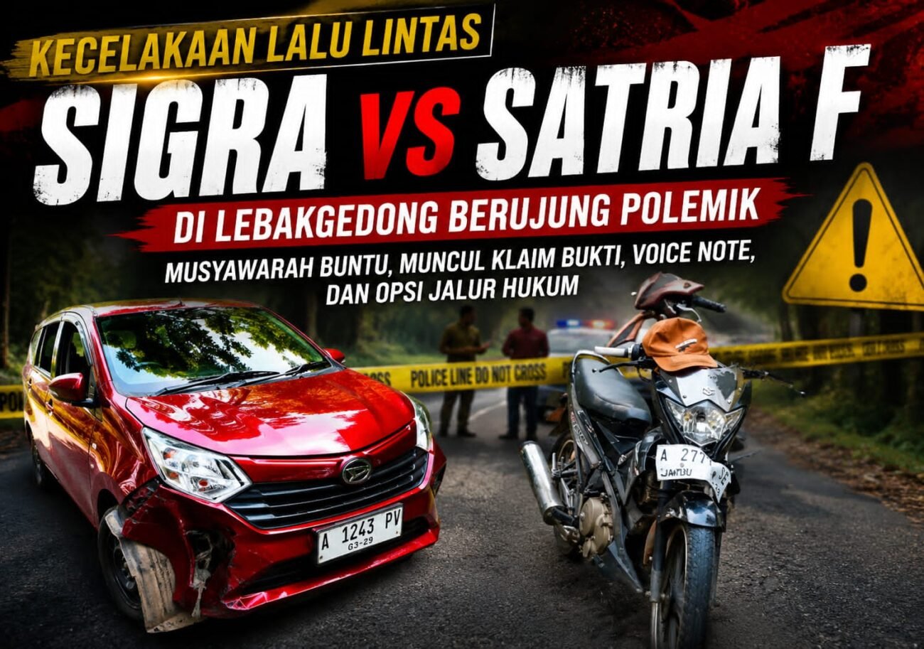 Ilustrasi kecelakaan lalu lintas antara Daihatsu Sigra dan Suzuki Satria F di Lebakgedong, Kabupaten Lebak. Perbedaan klaim antarpihak terkait kronologi kejadian membuka peluang penyelesaian melalui jalur hukum. (Istimewa)
