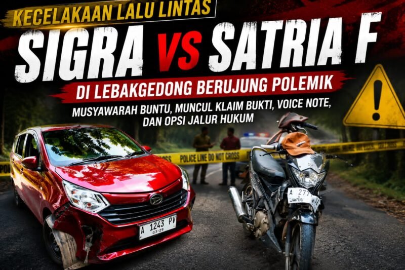 Ilustrasi kecelakaan lalu lintas antara Daihatsu Sigra dan Suzuki Satria F di Lebakgedong, Kabupaten Lebak. Perbedaan klaim antarpihak terkait kronologi kejadian membuka peluang penyelesaian melalui jalur hukum. (Istimewa)